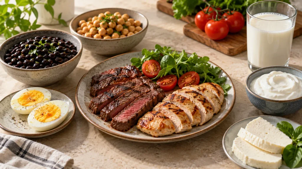 Fontes de proteína na alimentação: carnes, ovos, feijão, grão-de-bico, leite, iogurte e queijo.