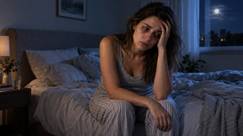 Mulher com insônia aprendendo como dormir melhor com uma rotina noturna saudável