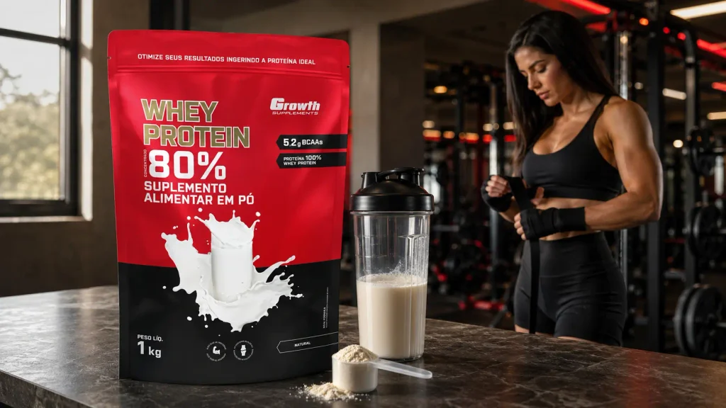 Whey Protein Growth é bom? Concentrado 80% Natural de 1 kg com shake em academia