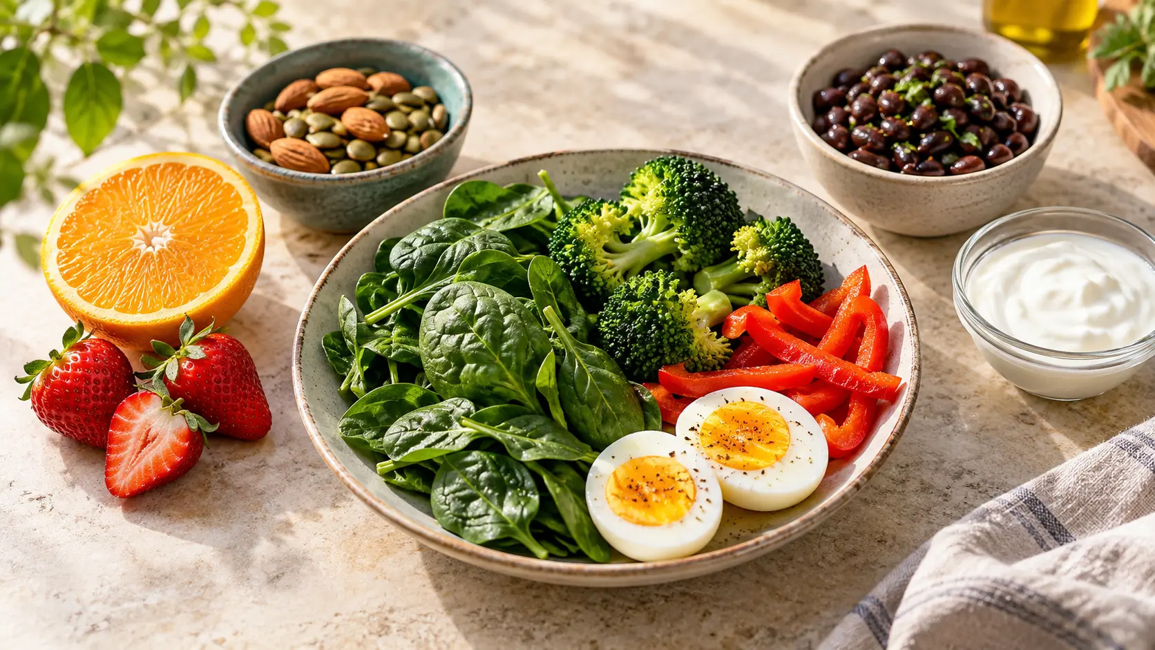 Frutas, verduras, ovos, feijão, sementes e iogurte como fontes alimentares de vitaminas e minerais.